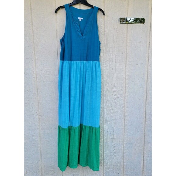J. Jill Maxi Dress Sz Large Tall Sleeveless  Color Block Blu/grn Pockets Beachy - Picture 1 of 6